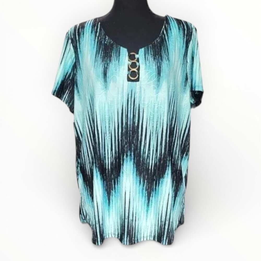 Always Indigo Women’s 1X Zigzag Pattern Loose Fit Blouse Indigo Black Green